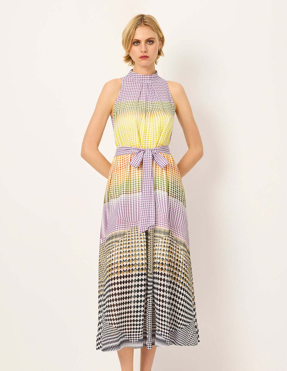MARYLING Rhombus Print Sleeveless Empired Midi Silk Dress