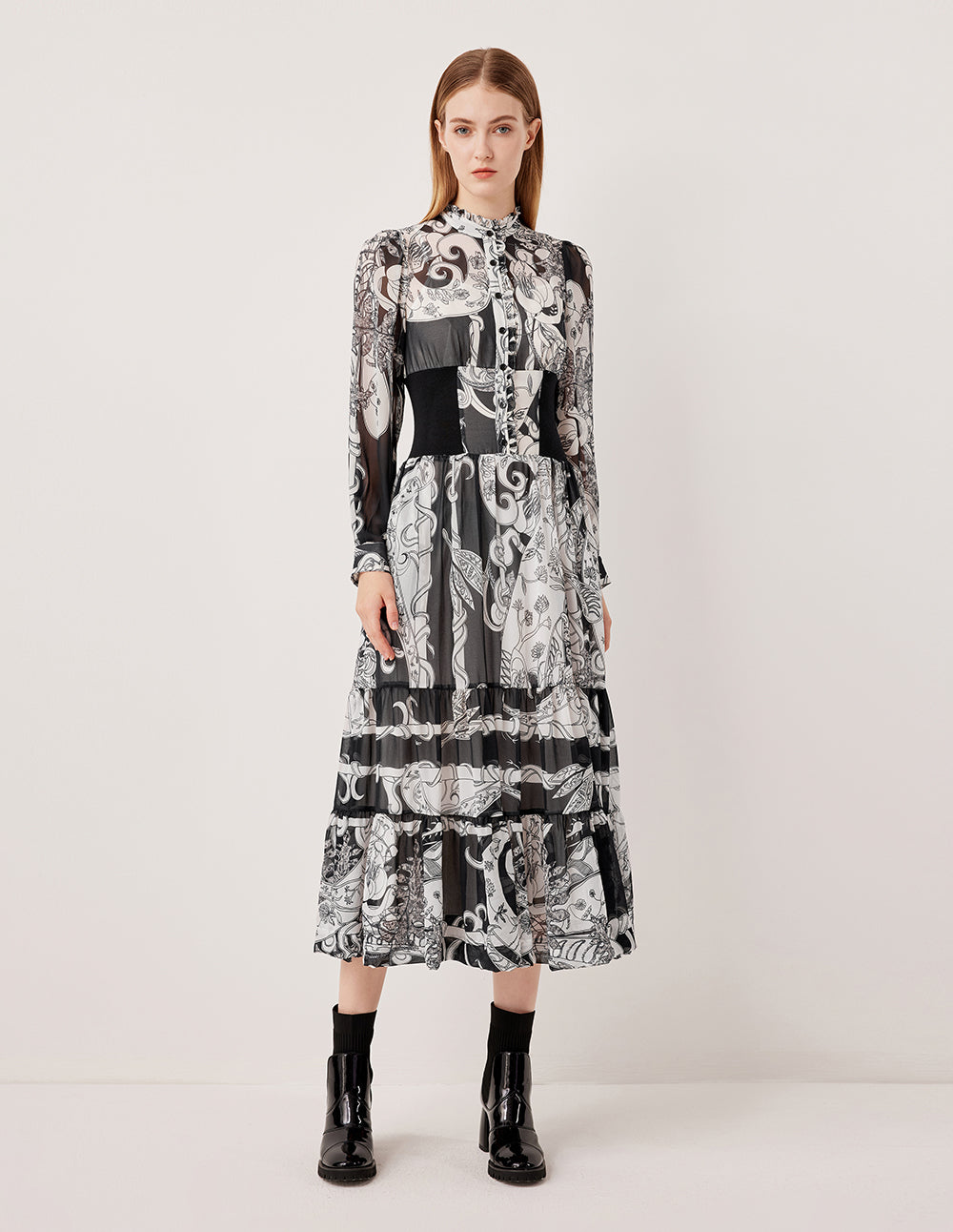 MARYLING Semi-High Neck Ruffle Paisley Print Pleated Midi Dress
