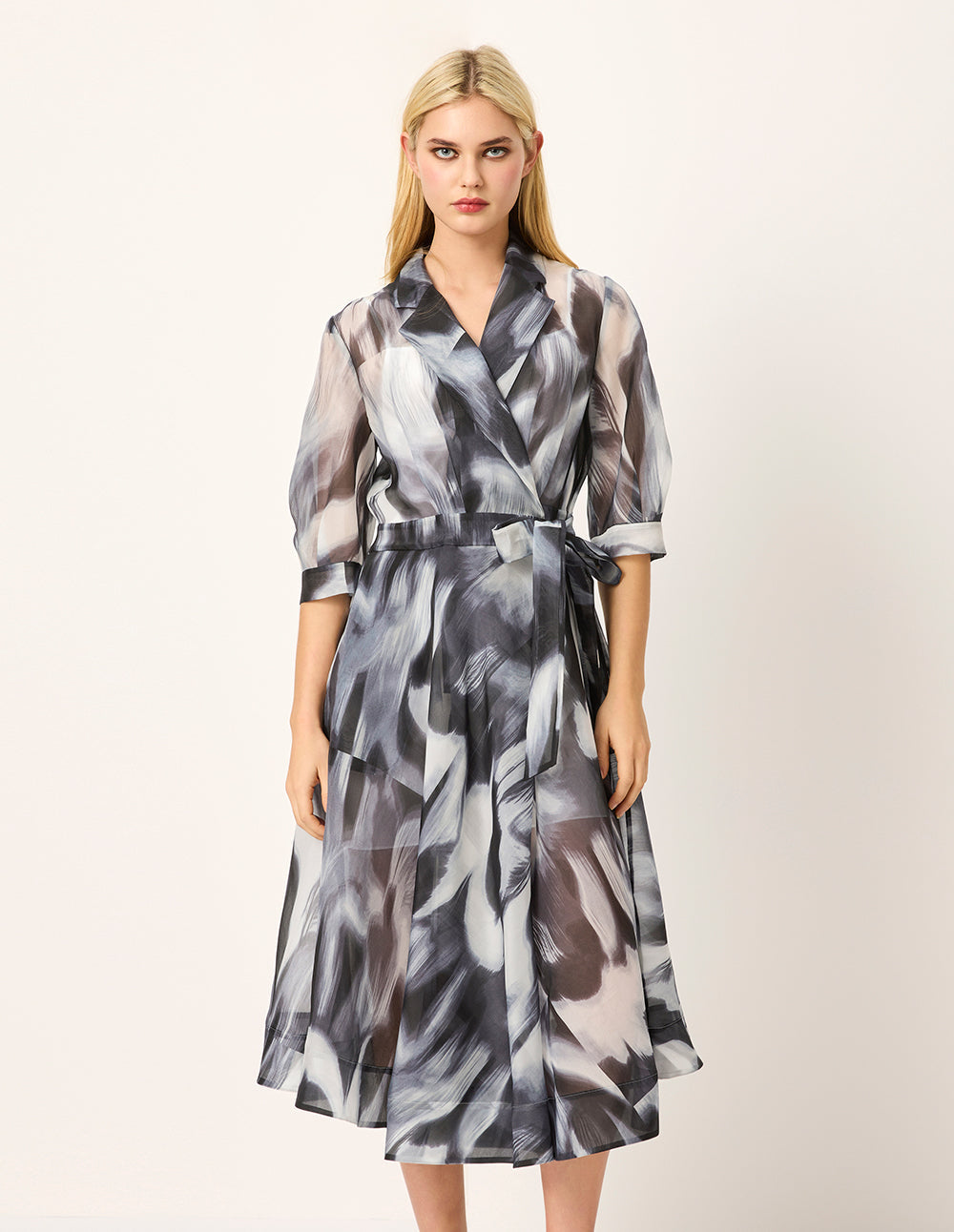 MARYLING Peaked Lapel Short-Sleeve Empire-Waist Artistic Print Midi Wrap Dress