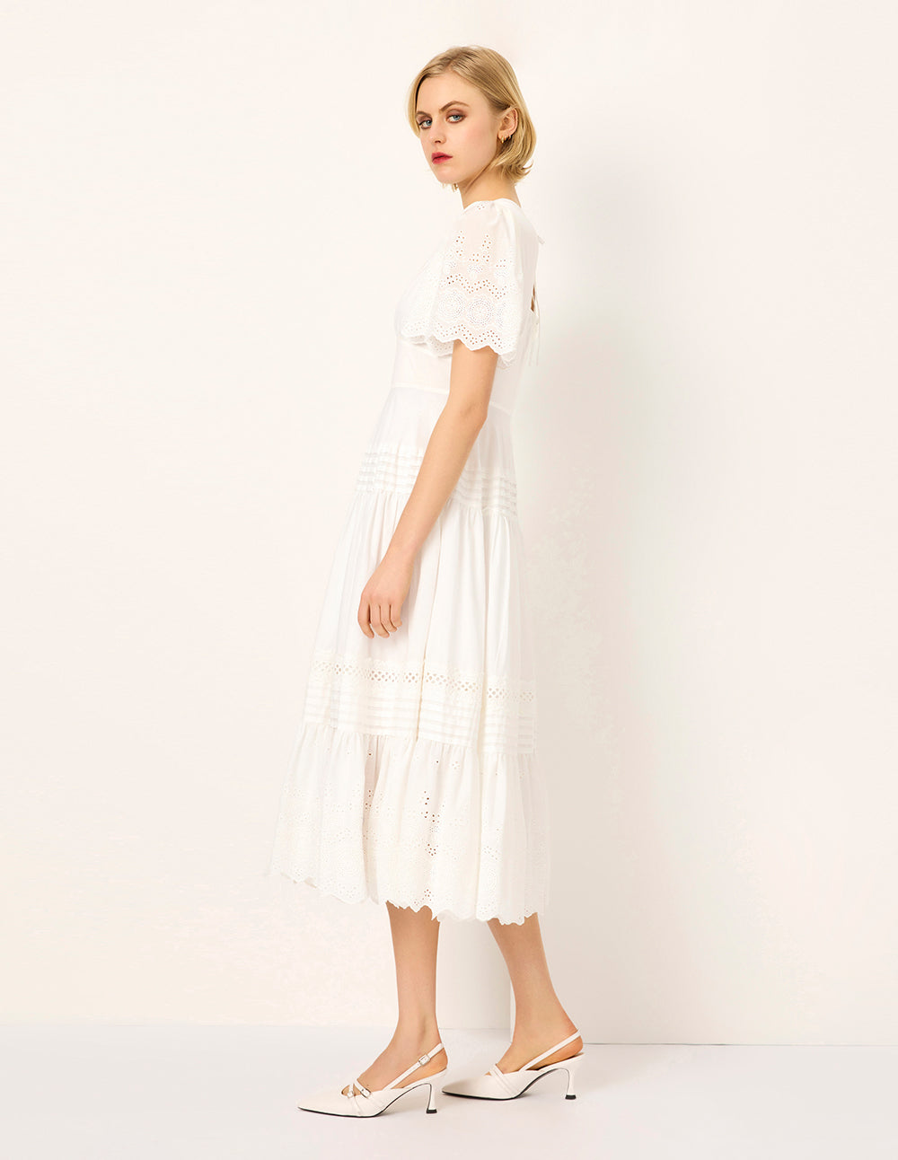 MARYLING V-Neck Short-Sleeve Lace Empire-Waist Flounce Midi Dress