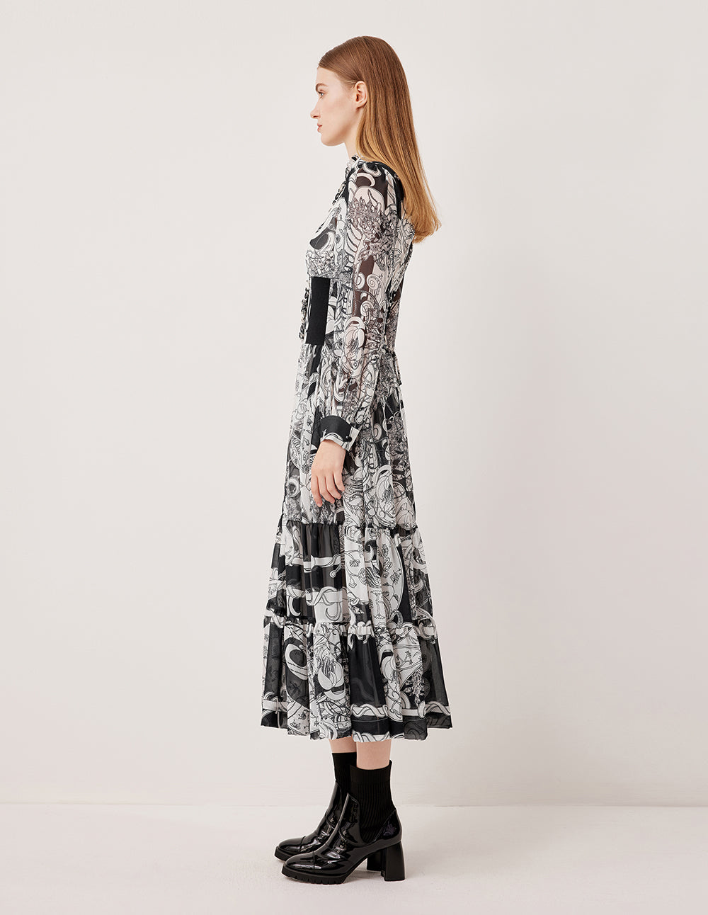 MARYLING Semi-High Neck Ruffle Paisley Print Pleated Midi Dress