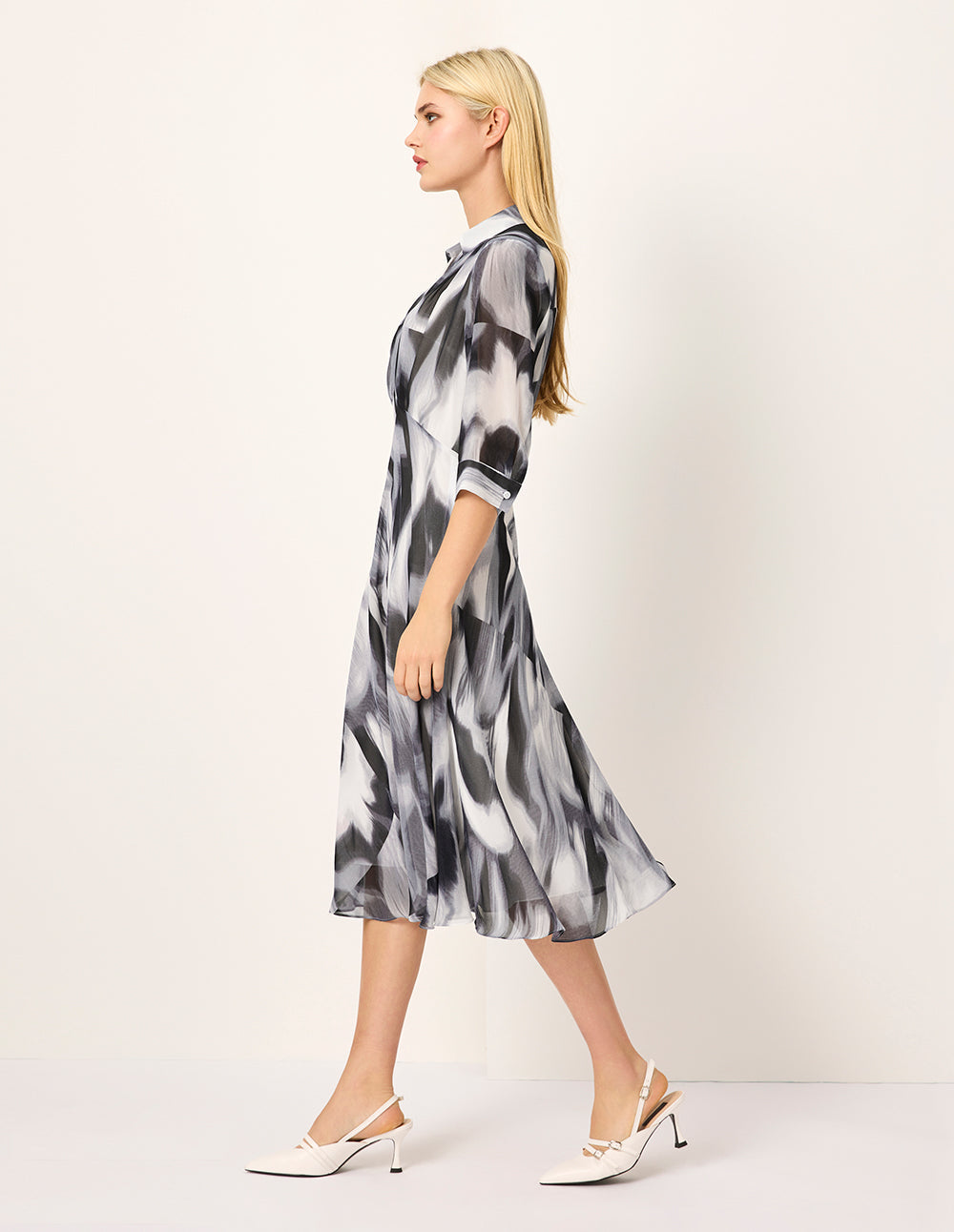 MARYLING Lapel Half-Sleeve Empire-Waist Ink Print Pleated Mid Shirt Dress