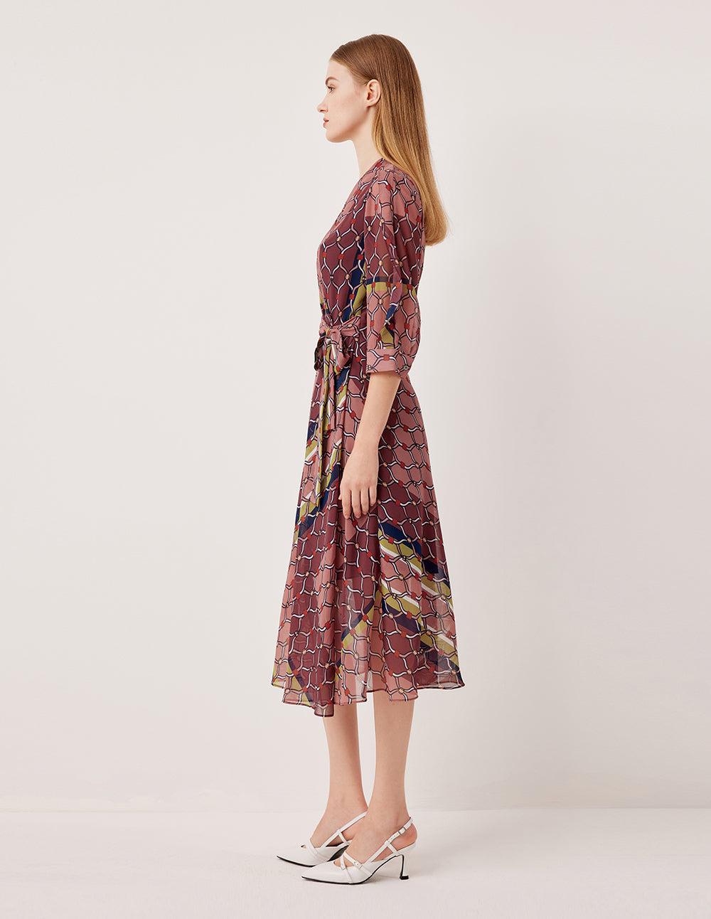 MARYLING V-Neck 3/4 Sleeve Wrap Midi Dress with Geometric Print