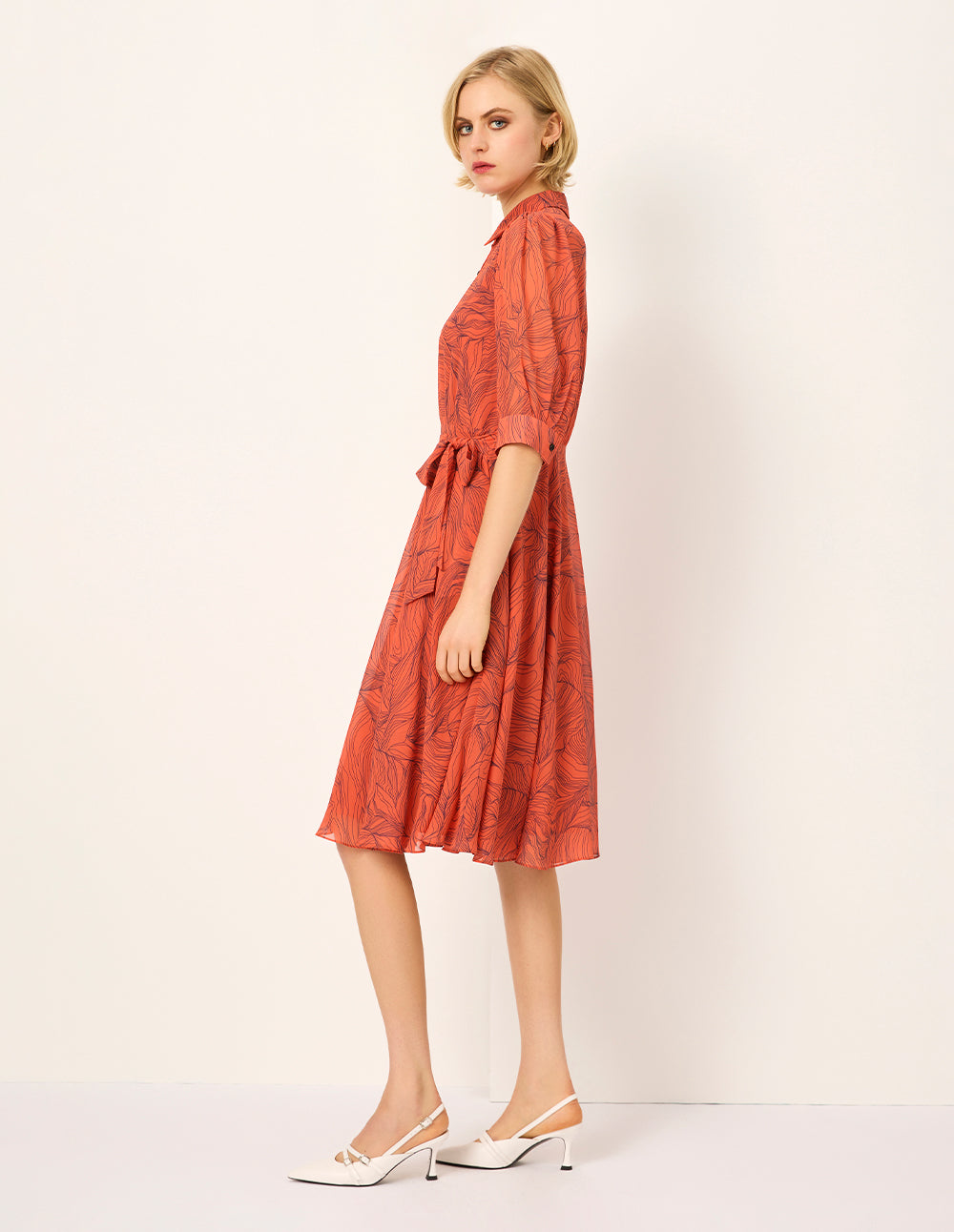 MARYLING Tie-Waist Floral Printed Short Sleeve Pleated Midi Shirt Dress