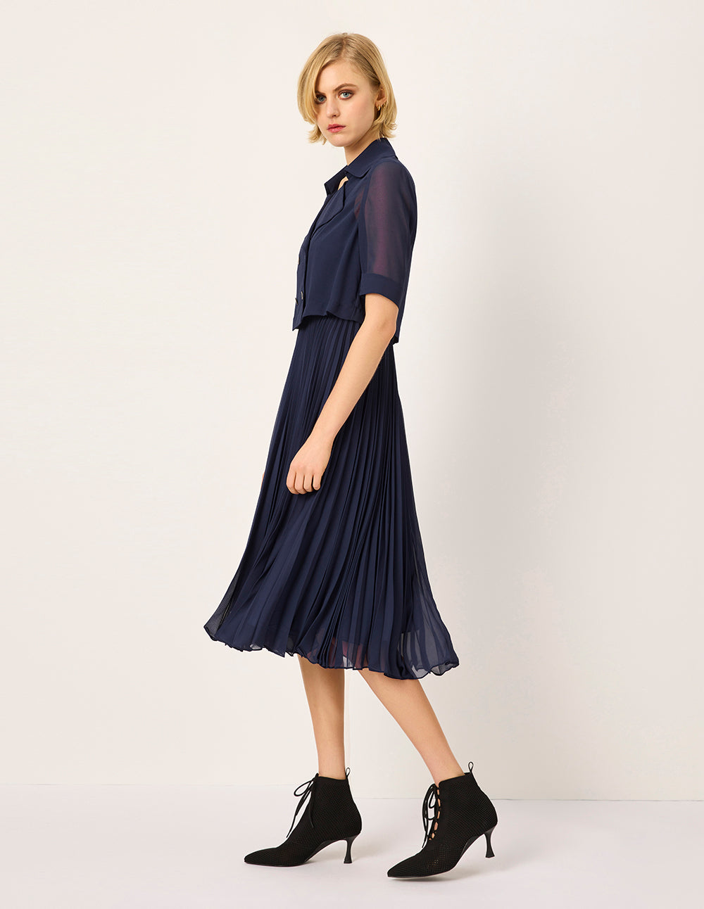 MARYLING Structured Collar Double-breasted Trench-Inspired Faux Two-Piece Pleated Midi Dress