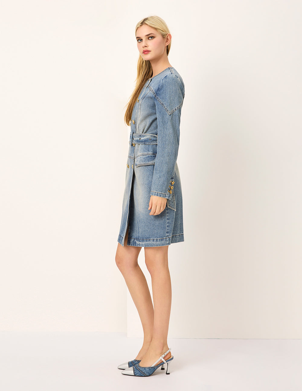 MARYLING Round Neck Long-Sleeve Double-Breasted Tie-Front Denim Dress