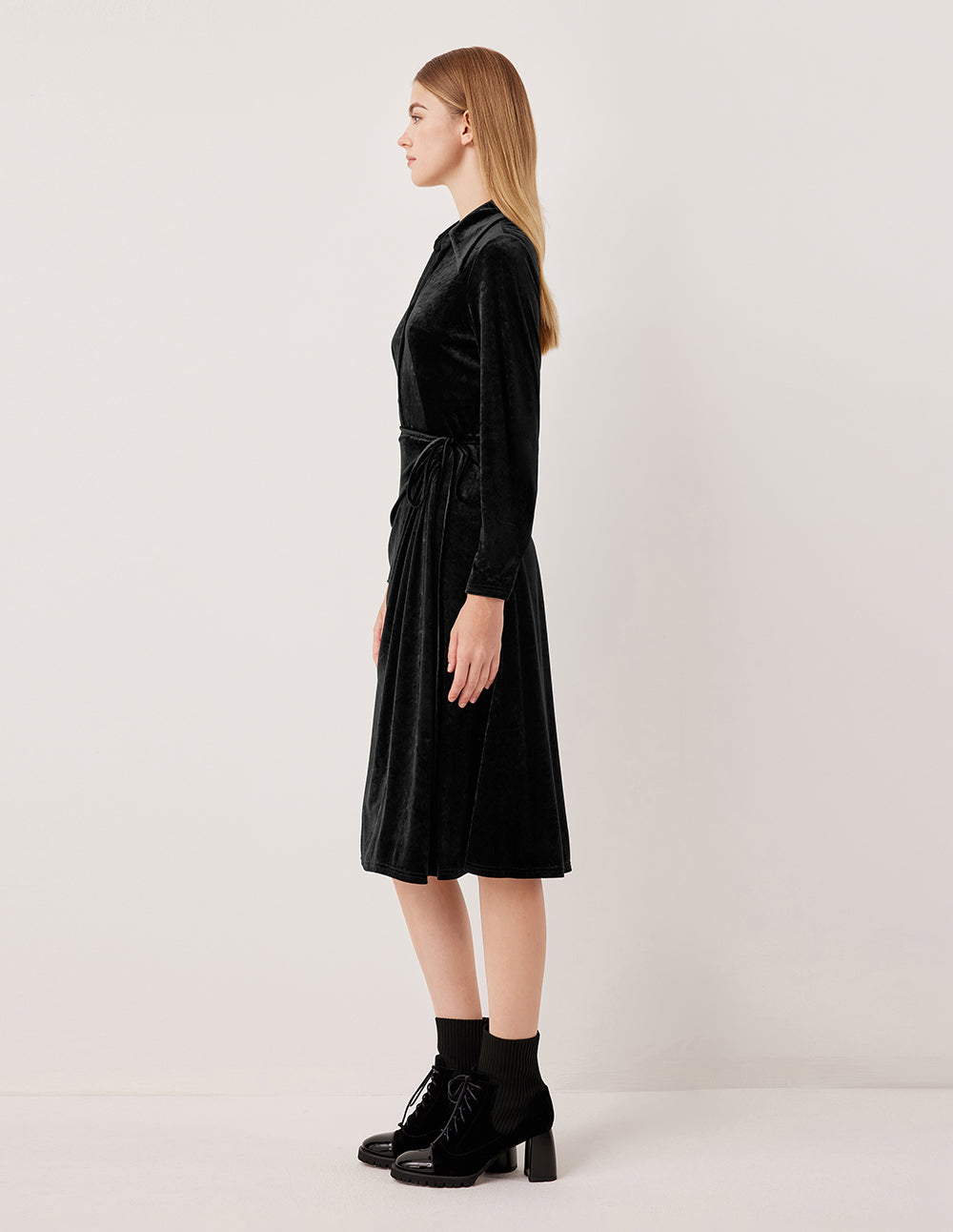 MARYLING V-Neck Ruched Velvet Midi Dress with Side Slit