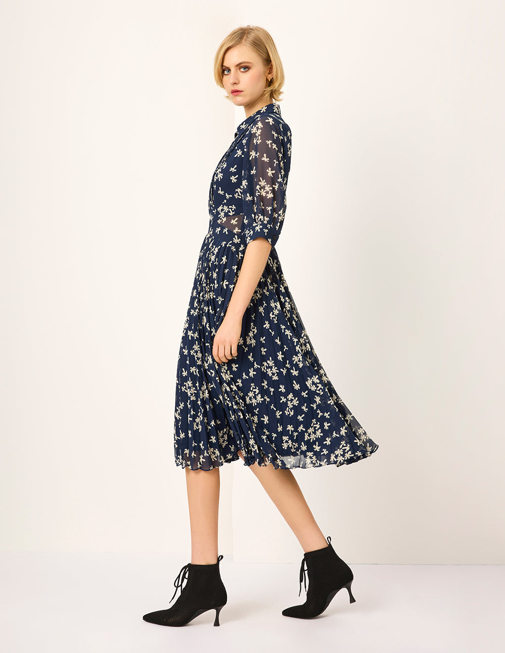 MARYLING Shirt Collar Short-Sleeve Empired-Waist Flora Printed Pleated Midi Dress