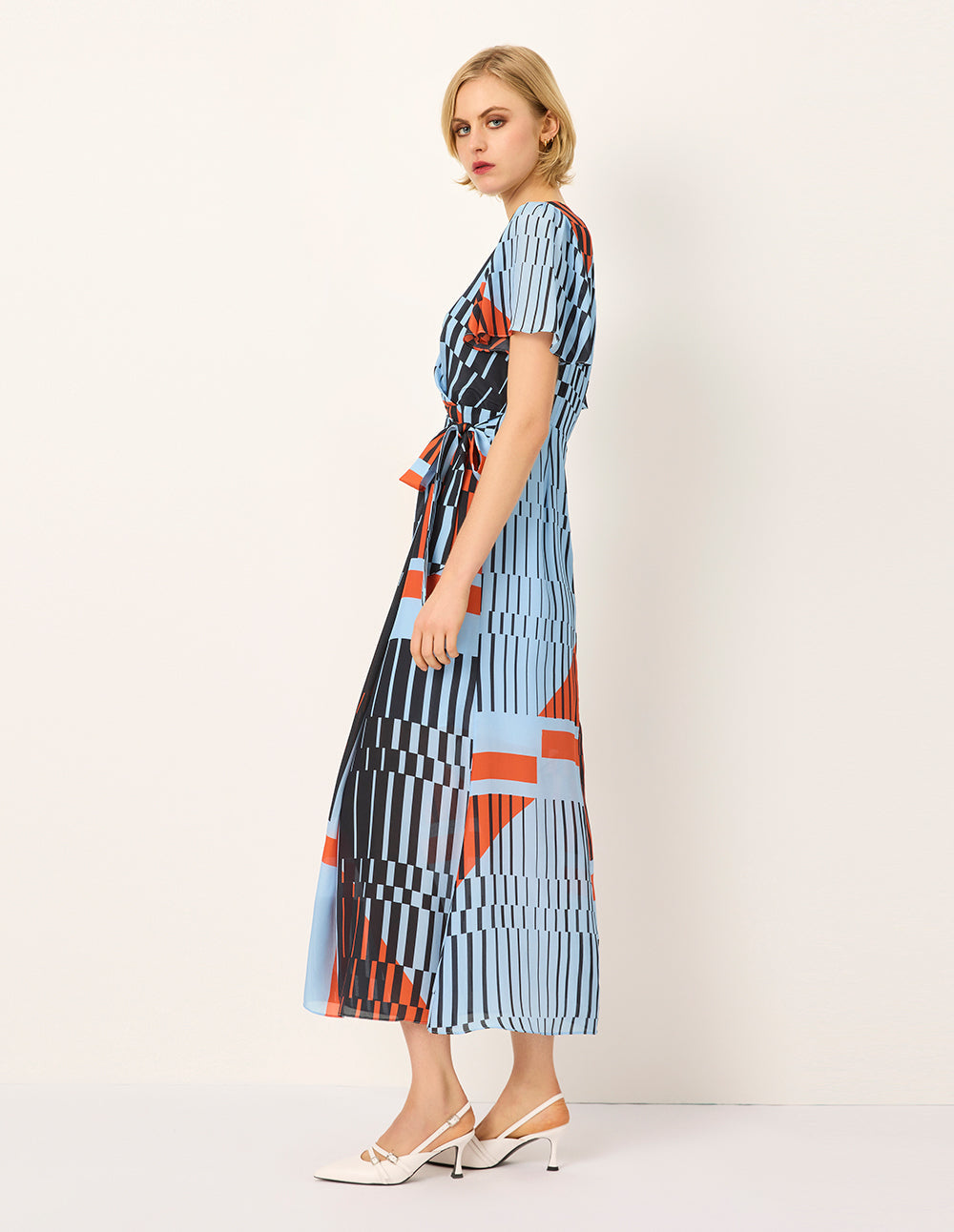 MARYLING V-Neck Short-Sleeve Wrap Empire-Waist Print Tie Silk Midi Dress