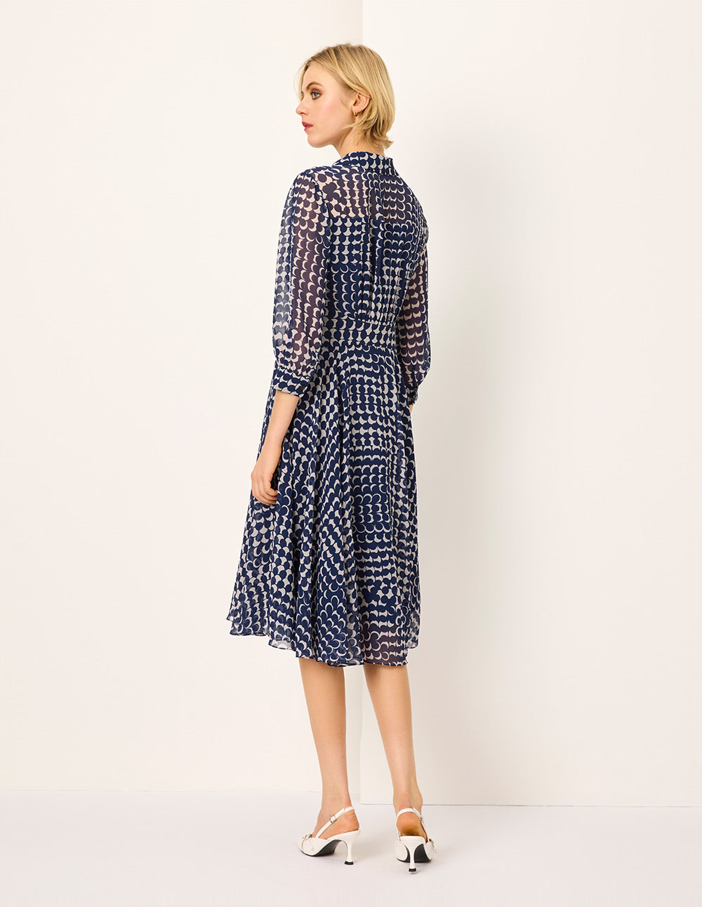 MARYLING Shirt Collar Long-Sleeve Empire Tie-Waist Printed  Midi Dress