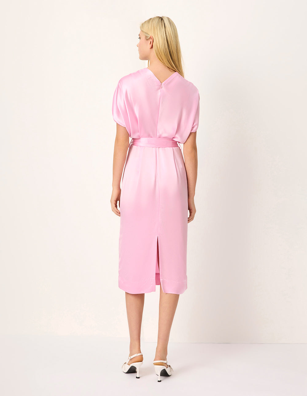 MARYLING Blush Pink V-Neck Belted Midi Dress