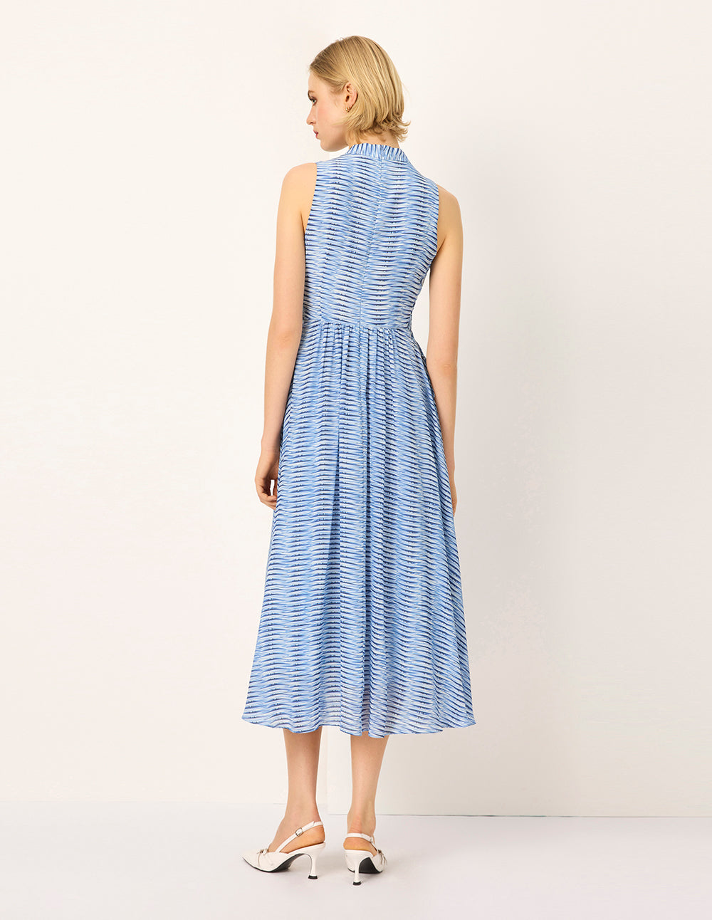 MARYLING V-Neck Belted Sleeveless Striped Pleated Midi Dress