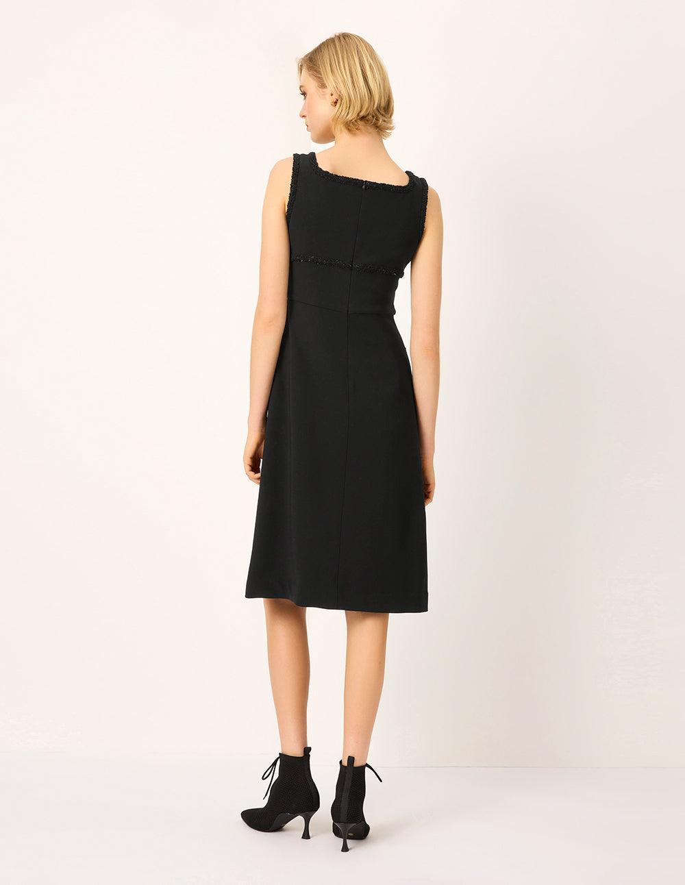 MARYLING Square Neck Sleeveless Tweed-Trim Midi Shift Dress