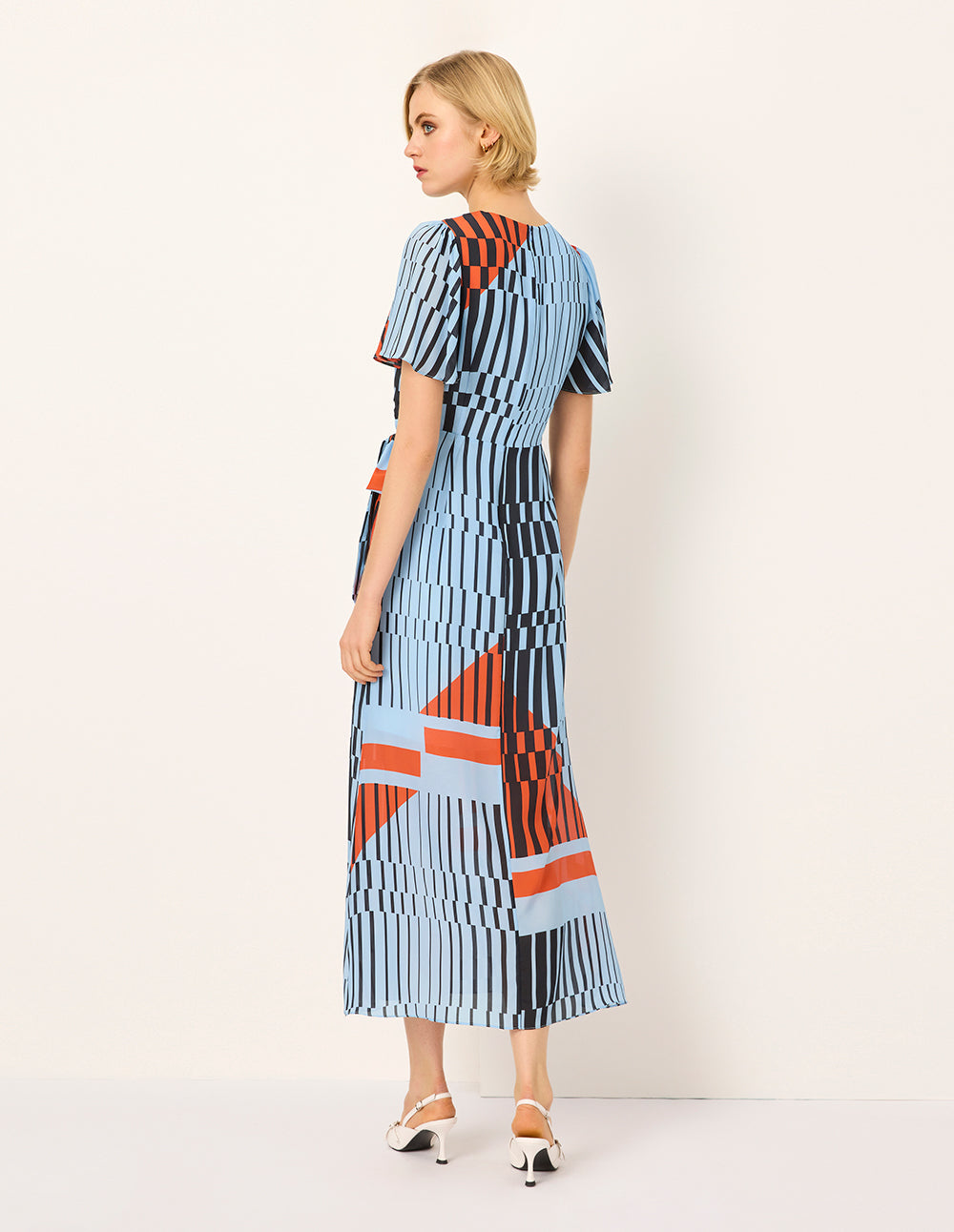 MARYLING V-Neck Short-Sleeve Wrap Empire-Waist Print Tie Silk Midi Dress