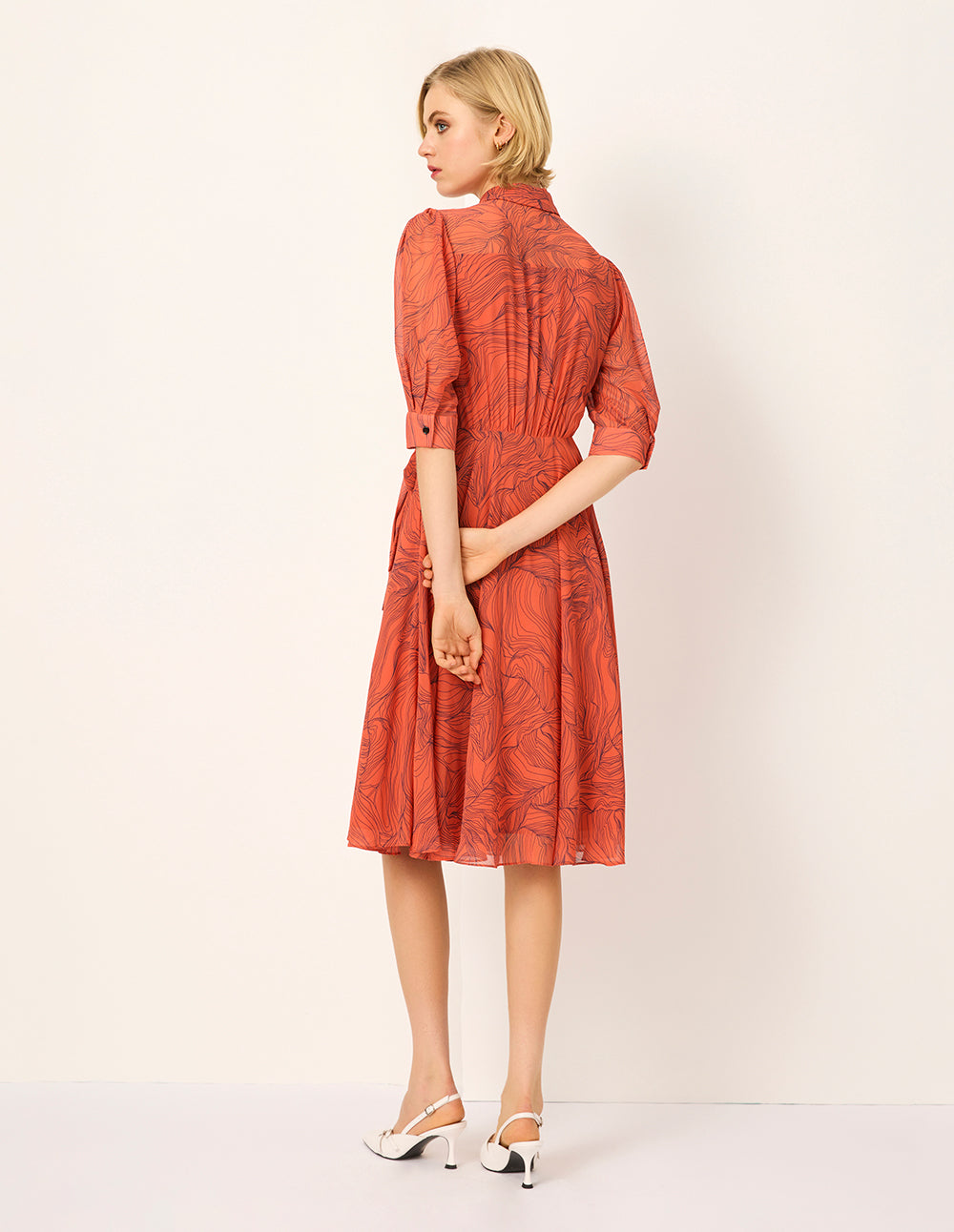 MARYLING Tie-Waist Floral Printed Short Sleeve Pleated Midi Shirt Dress