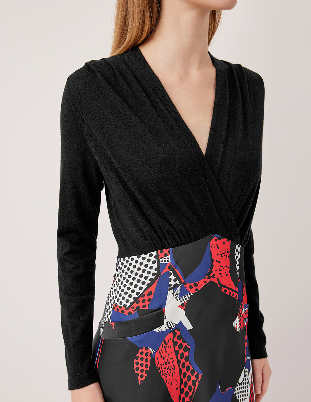 MARYLING V-Neck Long Sleeve Patchwork Printed Knit Dress