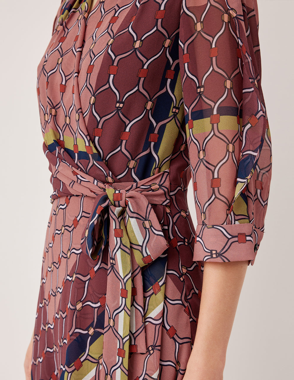 MARYLING V-Neck 3/4 Sleeve Wrap Midi Dress with Geometric Print